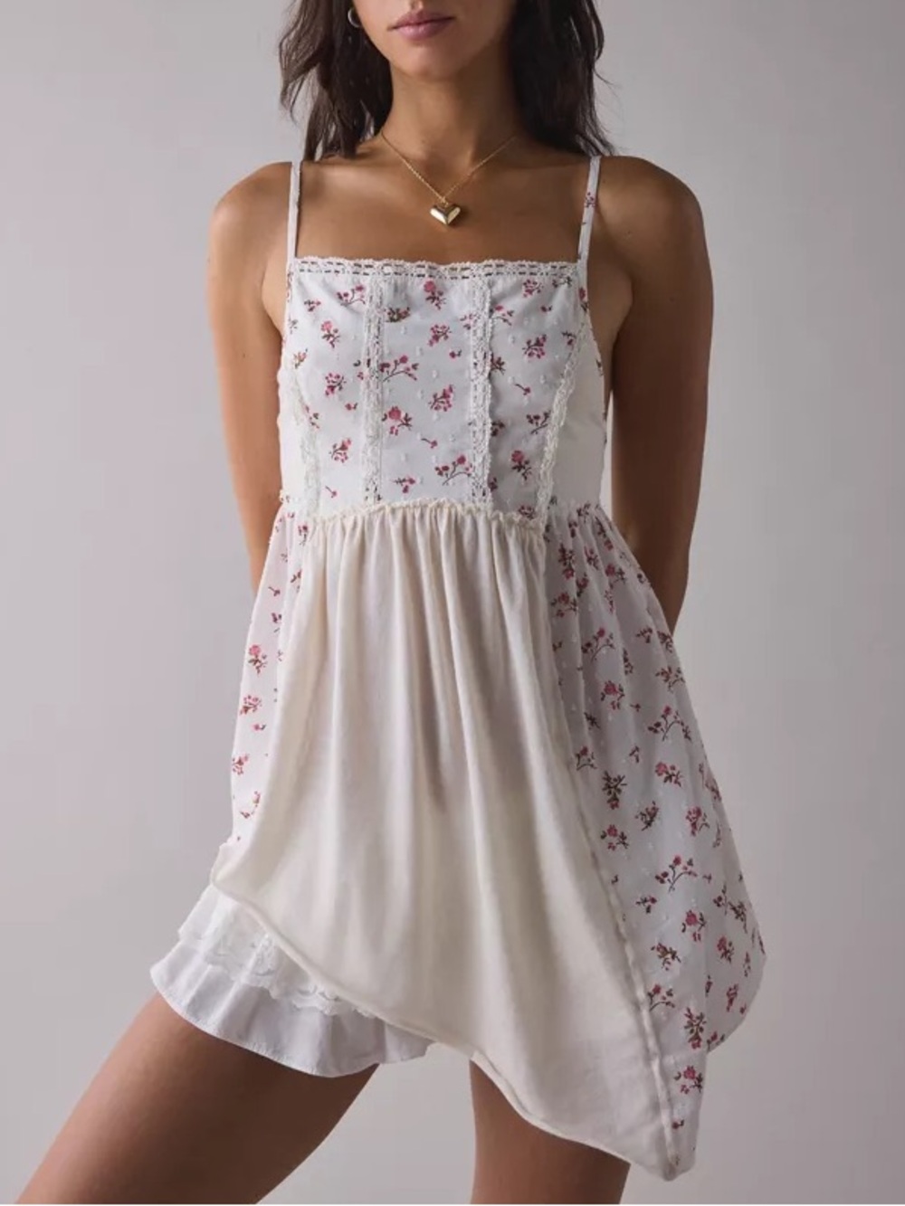 Kimchi Blue Stila Lace Trim Patchwork Tunic Cami Ivory Floral Babydoll Top NWT L